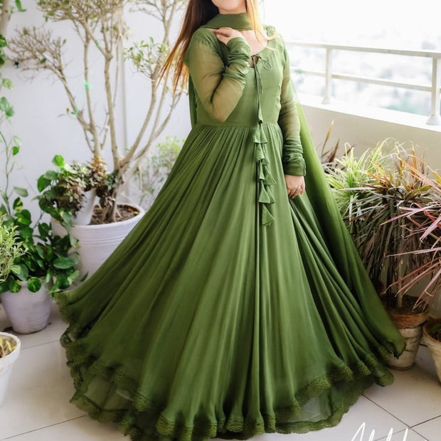 Beautiful two layers dress Two Layers Border Flare Maxi With dupatta 3pcs