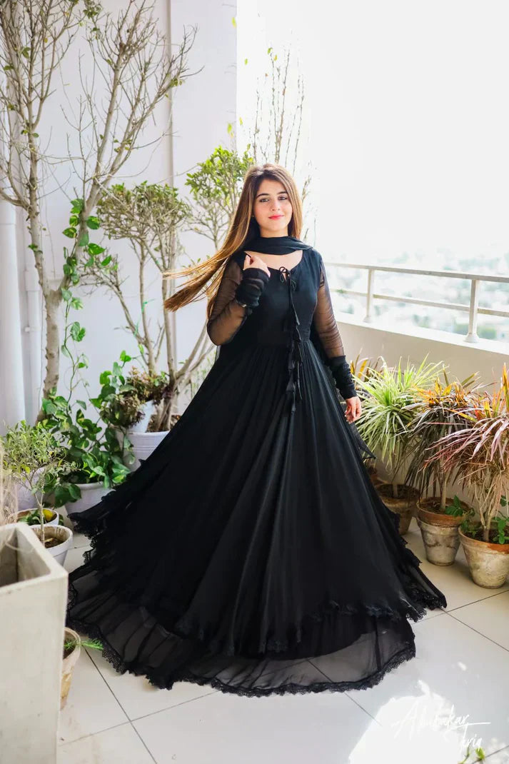 Beautiful two layers dress Two Layers Border Flare Maxi With dupatta 3pcs